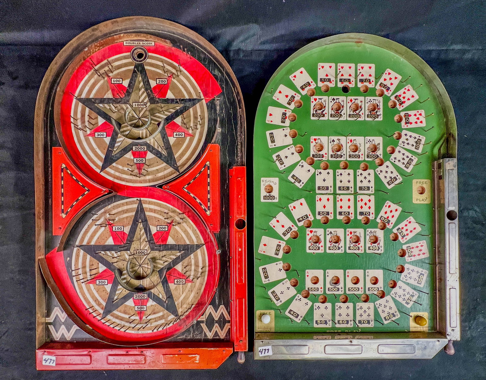 2 Table Top Pinball Bagatelle Games c1934: 2 Paper litho and pressed tin Lindstrom table top pinball bagatelle games c1934 to include a Poker Pinball game, and an MW pinball game. They both measure 24.5" tall X 14" across.