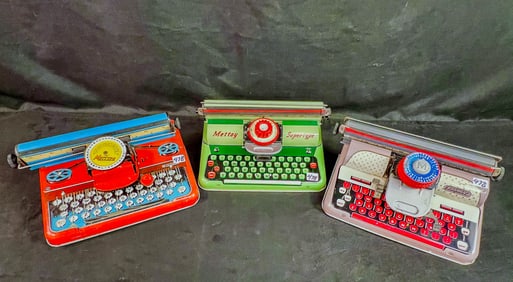 3 English TIn LItho Mettoy Toy Typewriters c1950's