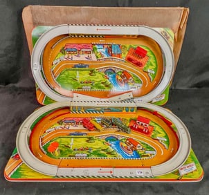 Ranger Steel Co. Tin Litho #450 Cross Country Turnpike toy Racetrack in Box, Ranger S Gauge Train,