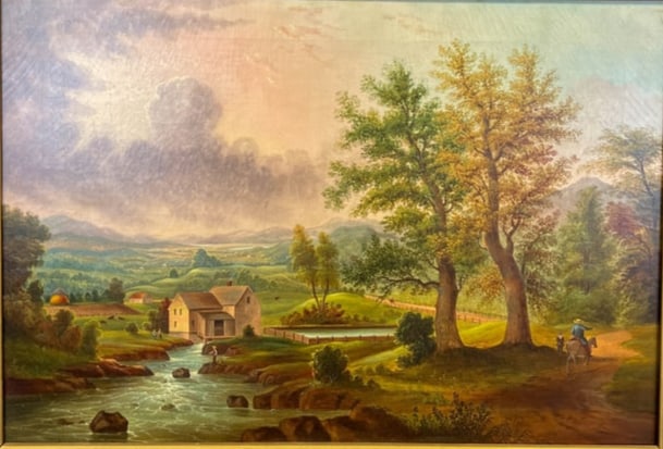 Edmund C. Coats Hudson River School Panoramic Landscape Oil on Canvas of Important size c.1830/40's: A Folk Art early to mid-19th century Hudson River School panoramic landscape oil on canvas of important size attributed to noted English-American artist Edmund C. Coats (1816-1871) by John Gordon and