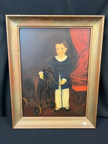 M. F. Morgan Folk Art Oil on Canvas of Girl and Toy Horse c.1910