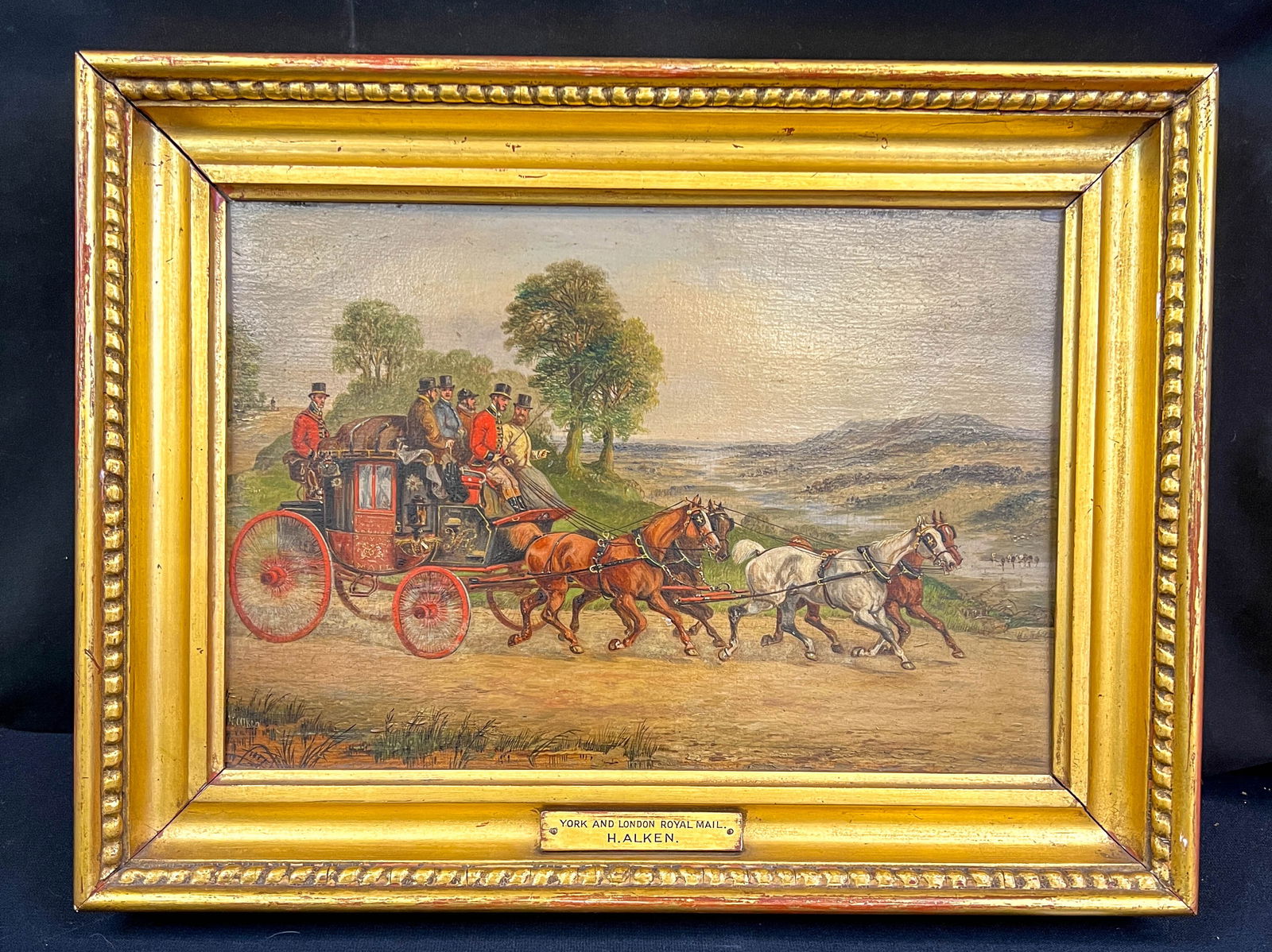 Henry Alken Oil on Board C.1840's: A quality framed finely detailed oil on board by listed English artist Henry Alken (1810-1896) depicting the York and London Royal Mail. It is signed in the right hand corner and also has a title plaq