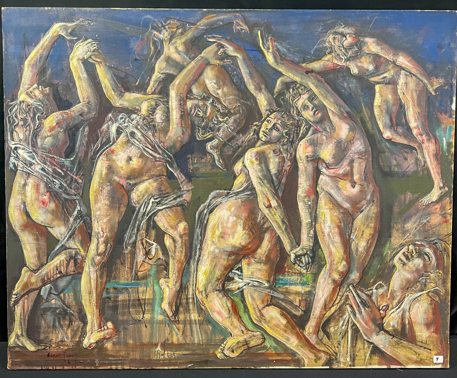 Alfred Russel Oil on Canvas of Bacchantes C1977: An Original unframed Surrealist oil on canvas by listed New York artist Alfred Russel (1920-2007) c.1977. This work depicts a group of Bacchantes or Maenads in the throes of exotic dancing. Russel sta