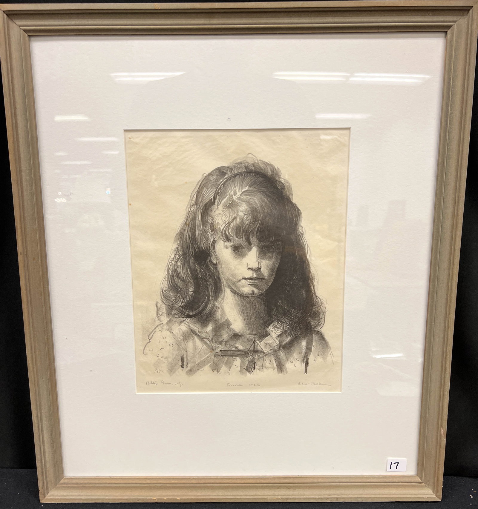George Bellows Original Lithograph Hand Signed Proof of His Daughter Anne C1923: A quality matted and framed original signed lithograph by listed American Realist painter and Ashcan School member George Bellows (1882-1925). This work is titled Head of Anne and depicts the artist's