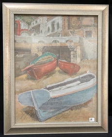 Chantal Quenneville Oil on Canvas Seaside Town Boats c1920's
