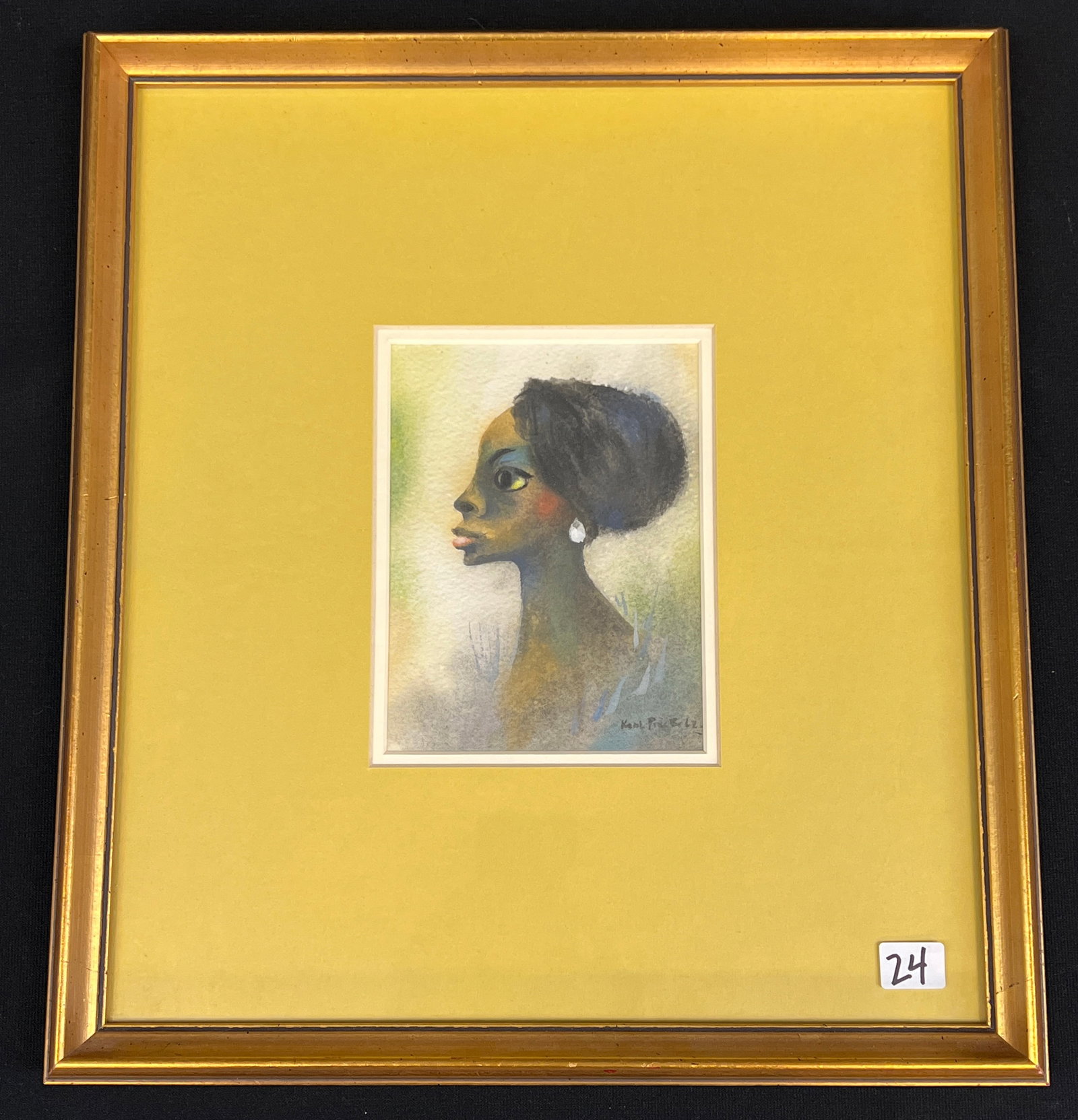 Karl Priebe Gouache on Paper Portrait of Black Woman C1962: This quality matted and framed gouache on paper of a beautiful Black woman in profile is by noted Wisconsin artist Karl Priebe (1914-1976). It is signed in the lower right corner and dated 1962. Prieb