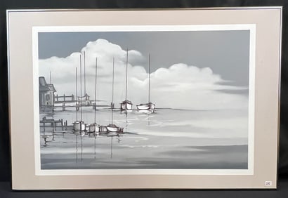 MCM Oil on Canvas of Moored Sailboats c.1970's