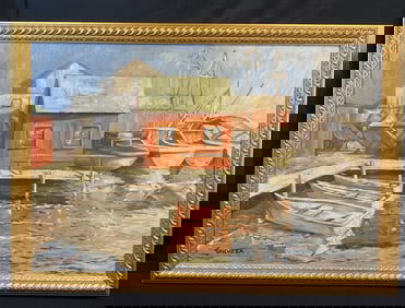Spicuzza Signed Harbor Scene of Jones Island Oil on Board