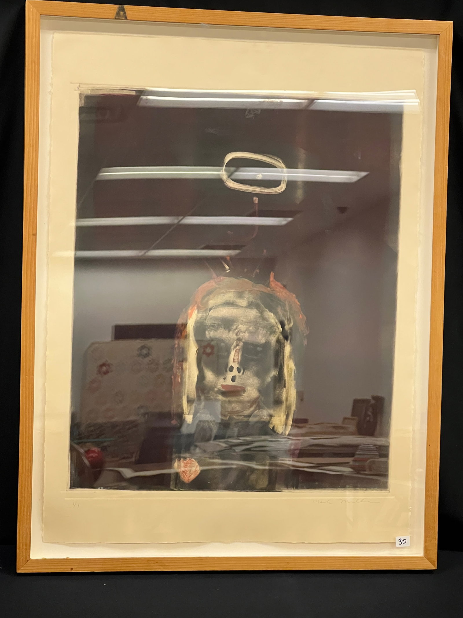 Mark Mulhern Monotype c 1986: A quality framed Neo-expressionist monoprint by listed Wisconsin artist Mark Mulhern (1951- ). Untitled, it depicts what appears to be a womans face with a circle floating above it on a murky backgrou