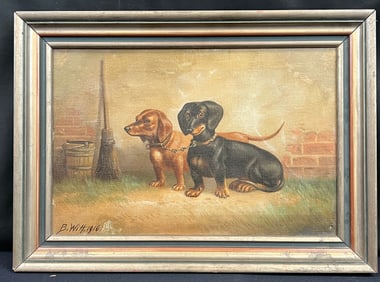 B. Witt Oil on Canvas of 2 Dachshunds C.1916