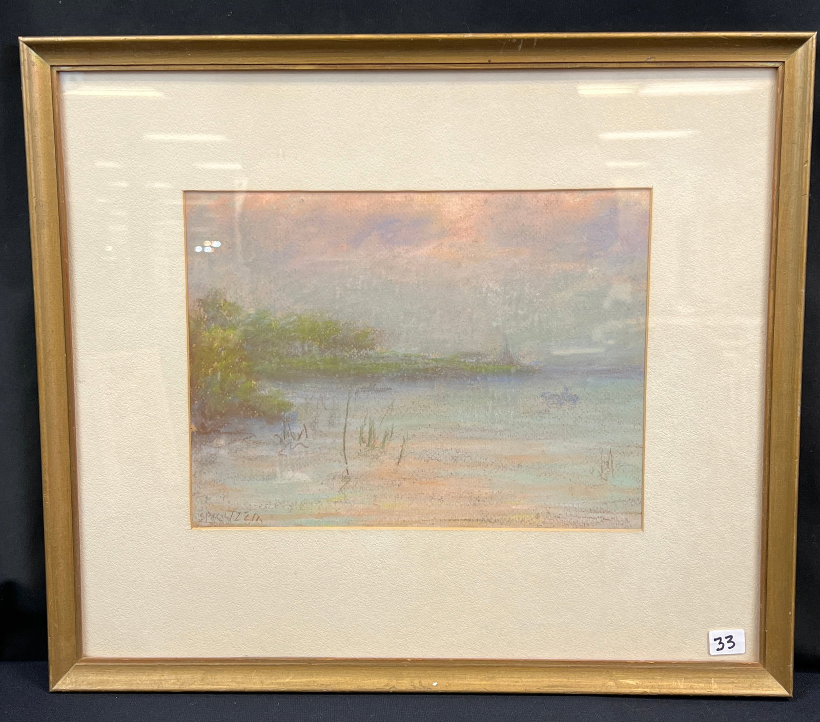 Francesco Spicuzza Pastel Landscape drawing c. early 1900's: This quality framed Impressionist pastel drawing landscape c. early 1900's is by listed Sicilian born Wisconsin artist Francesco Spicuzza (1883-1962). It is depicting a wooded Wisconsin shore line. It
