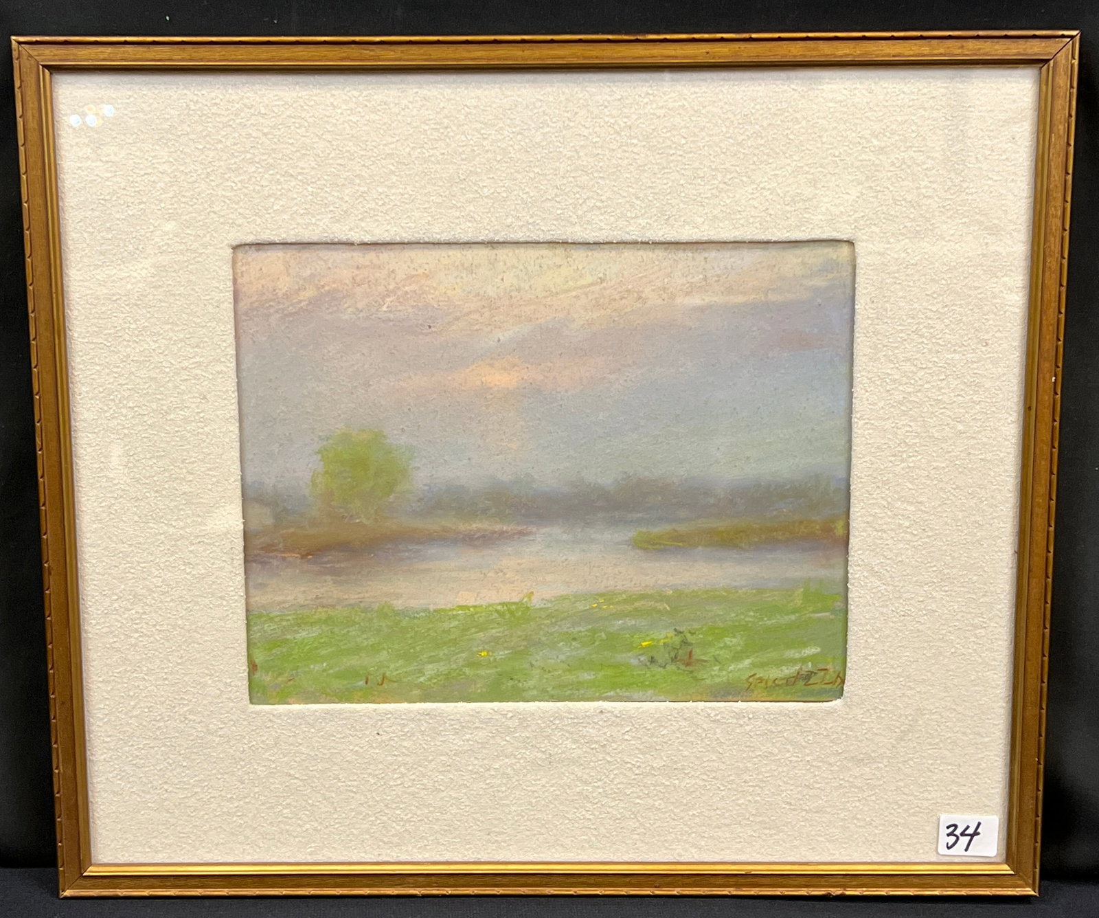 Francesco Spicuzza Pastel Landscape drawing of a Marsh c. early 1900's: This quality framed Impressionist pastel drawing landscape c. early 1900's is by listed Sicilian born Wisconsin artist Francesco Spicuzza (1883-1962). It is depicting a wooded Wisconsin tidal marsh. I