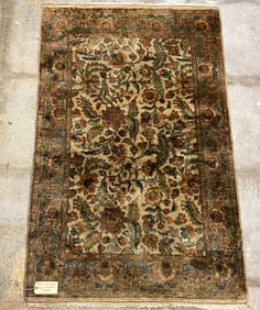 Hand Tied Wool Oriental Carpet in Green Creams Floral Missing Fringe