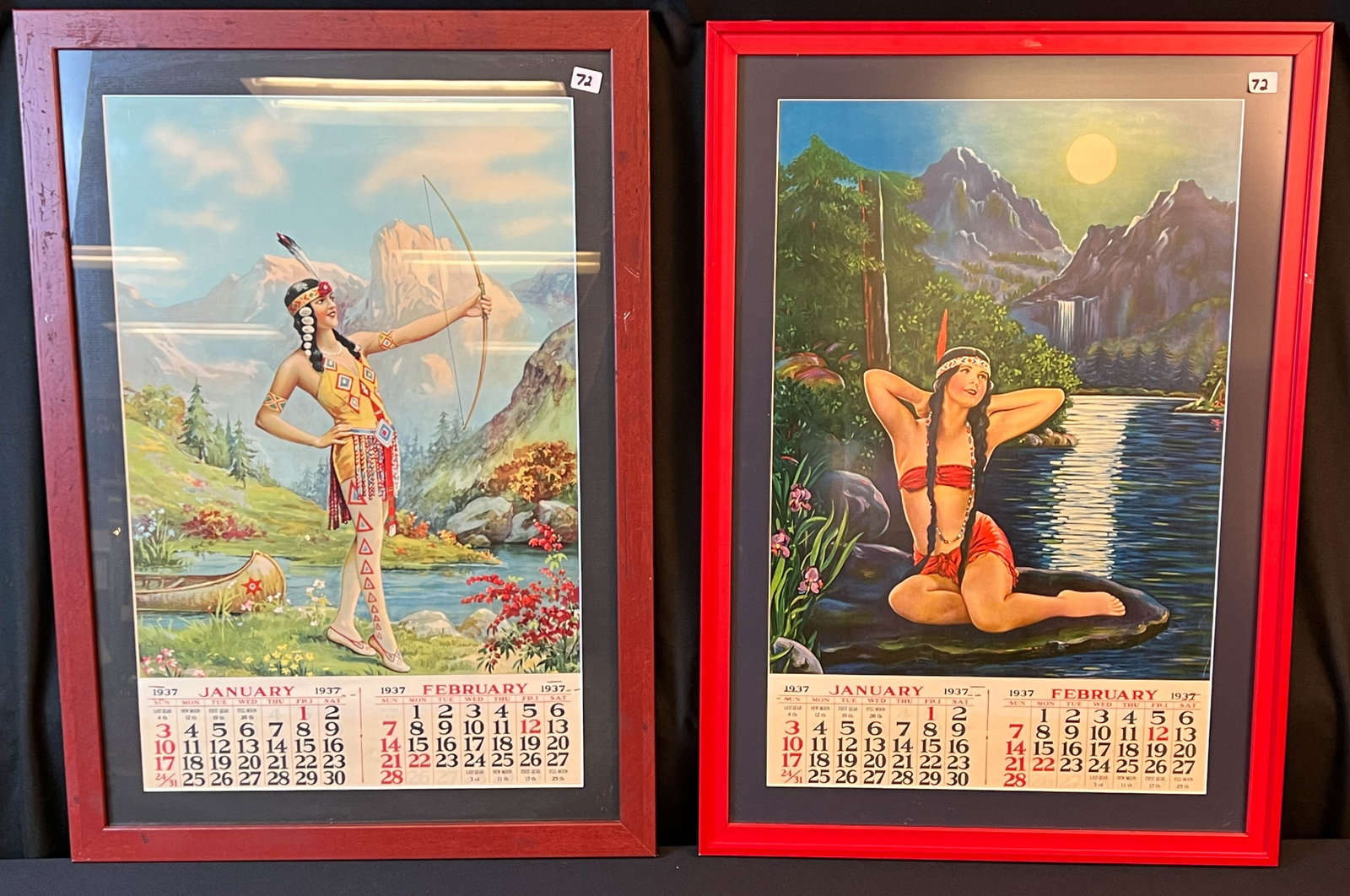 Two 1937 Indian Maiden January-February Calendars: Two framed calendars depicting Indian maidens during the months of January and February in the year 1937