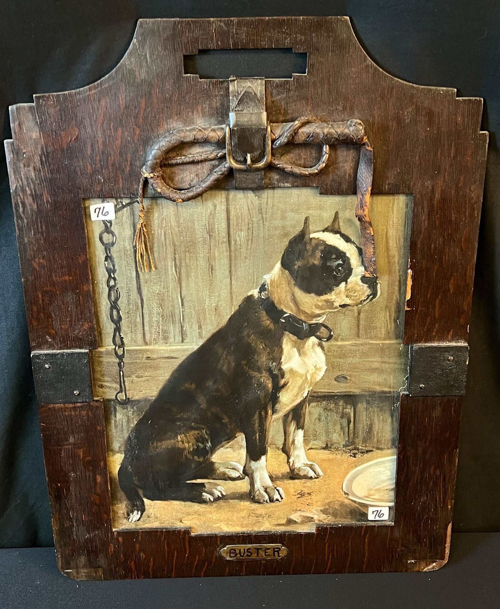 Arts and Crafts Frame With Whip and Buckle Depicting a Bulldog Named Buster: Arts and Crafts Frame with Whip and Buckle Depicting a Bulldog Named Buster. Periportally this is a portrait of Gustav Stickley's dog Buster in an arts and crafts frame. It is in fair condition repair