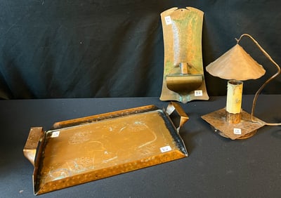 Mission Arts and Crafts Copper Hand Hammer Tray Wall Sconces and Small Lamp