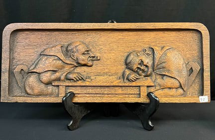 Mission Arts and Crafts Fumed Oak Wood Carving of Two Bishops