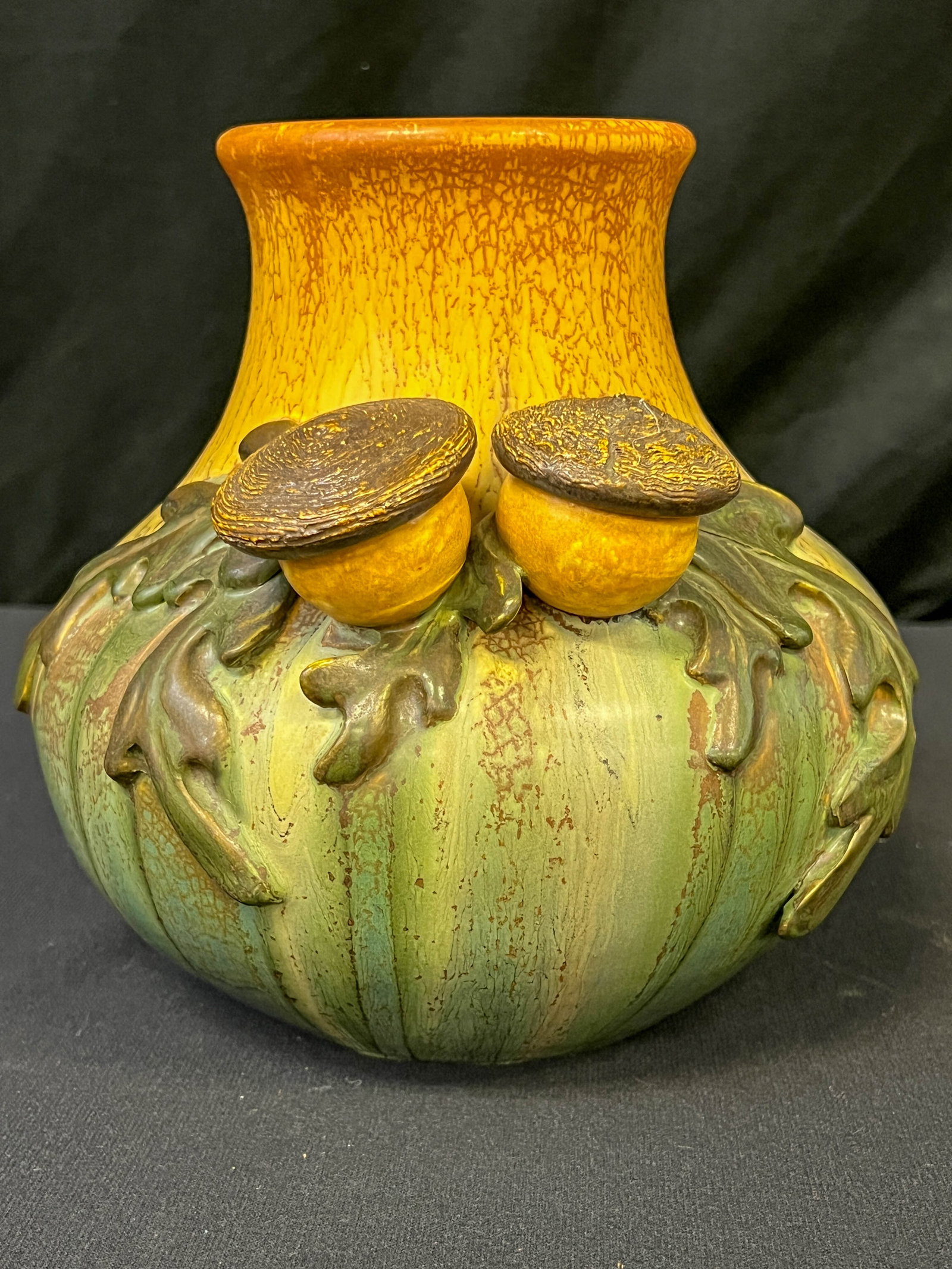 Mission Arts and Crafts Style Rare Ephraim Pottery Promises Showpiece: Mission Arts and Crafts Style Rare Ephraim Pottery Promises Showpiece. Only 36 made retired 4/30/12. It depicts oak leaves with acorns with removable tops on the side. This showpiece rare pottery vase