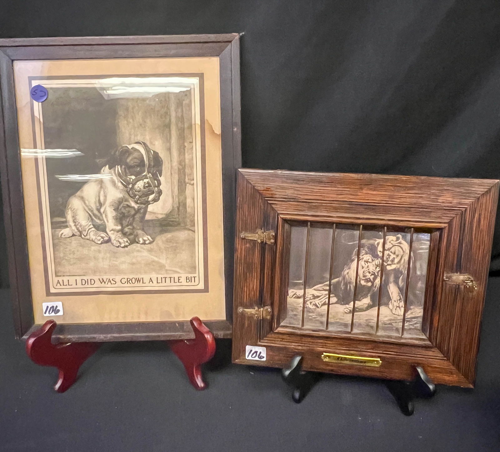 Two Mission Arts and Crafts Fumed Frames With Prints: To include: the frame has molding decorations to make a cage with a print inside with lions inside. It measures 9" tall x 10" wide; secondly a framed print of a puppy with a muzzle titled "All I did w