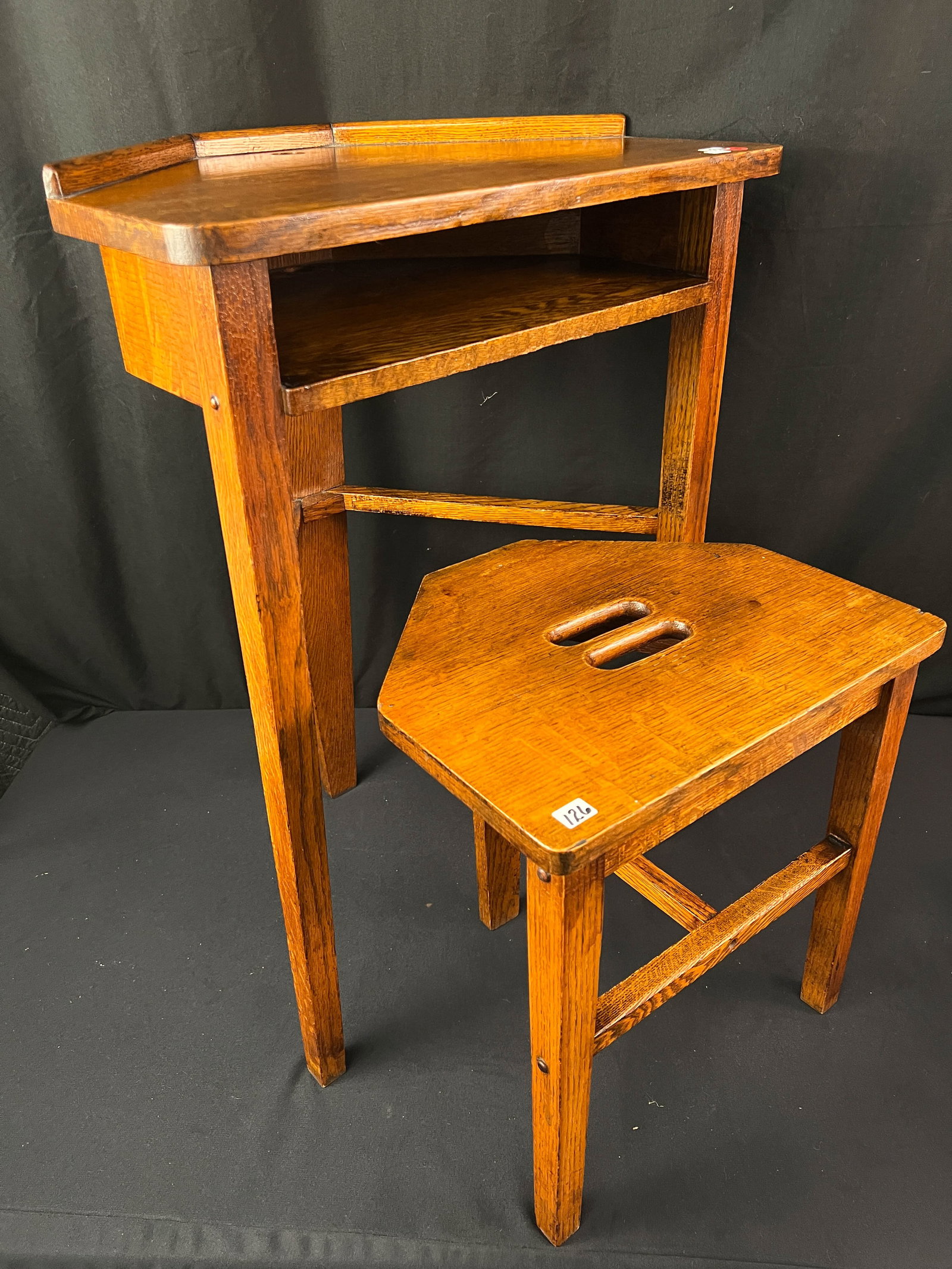 Mission Arts and Crafts Telephone Table: Mission Arts and Crafts oak three legged telephone table that comes with a three legged stool in oak that fits in a corner. This unusual arts and crafts telephone table and stool is an original finish