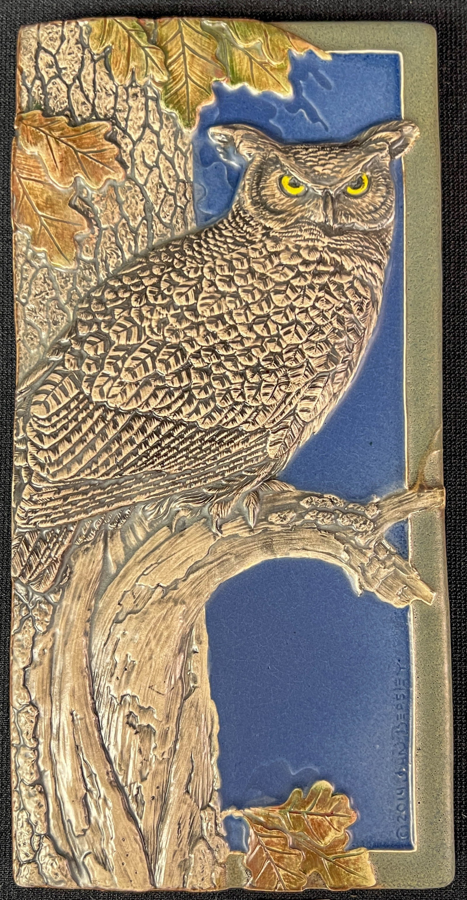 Mission Arts and Crafts Style Medicine Bluff Pottery Tile: Mission Arts and Crafts Style Medicine Bluff Pottery Tile. It depicts and owl in a woodland with original business card taped to back. It is in excellent condition and it measures 8" tall x 4" wide.