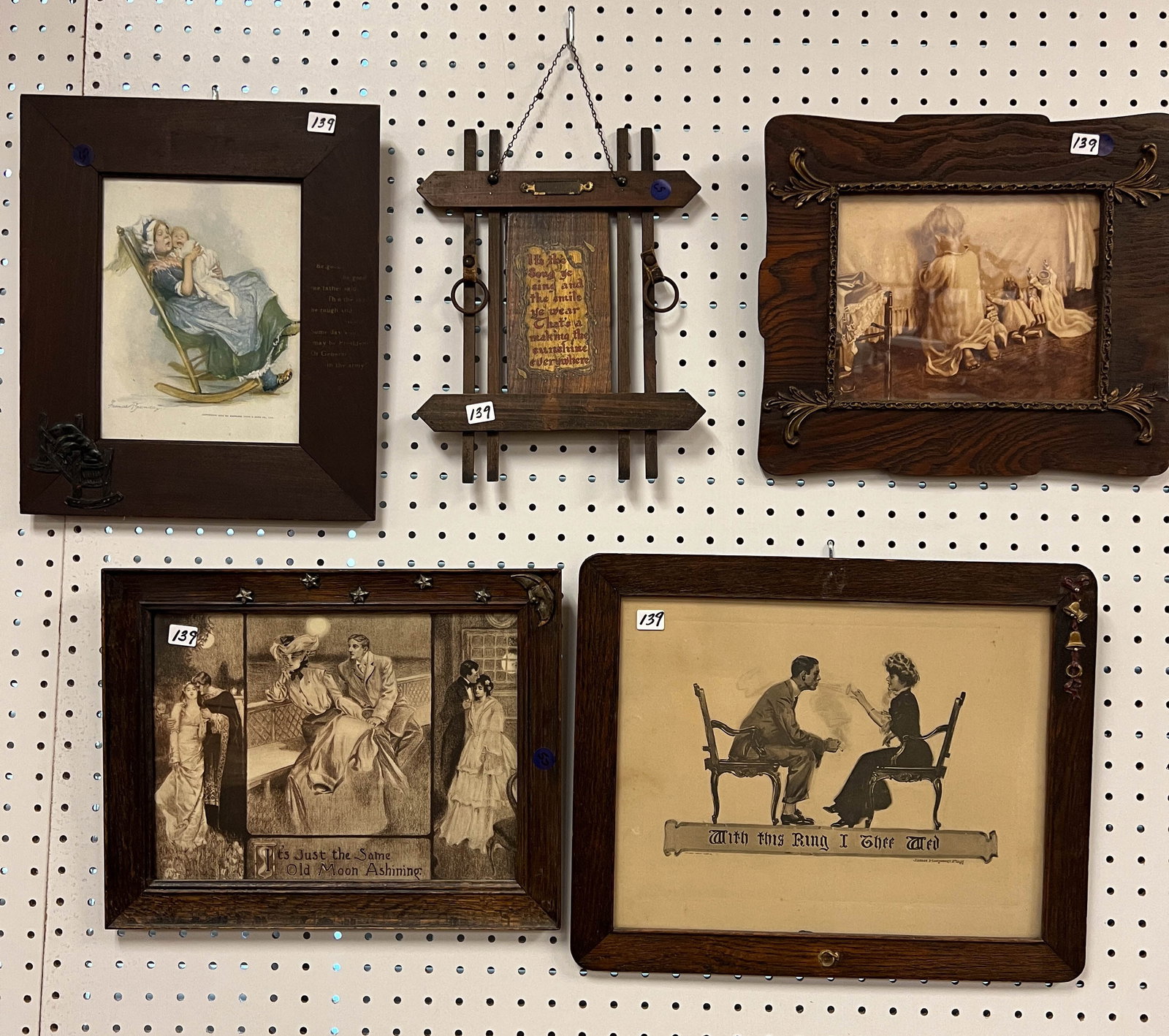 5 Mission/ Arts & Crafts Oak Framed Prints C. 1900: 5 Turn of the Century Mission /Arts & Crafts oak framed prints, some with molded frames, to include: A Young girl and dolls in prayer in an oak frame and it measures 11" tall x 13.5" wide; a molded fr