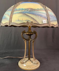 Arts and Crafts Filigreed Reverse Painted Panel Lamp