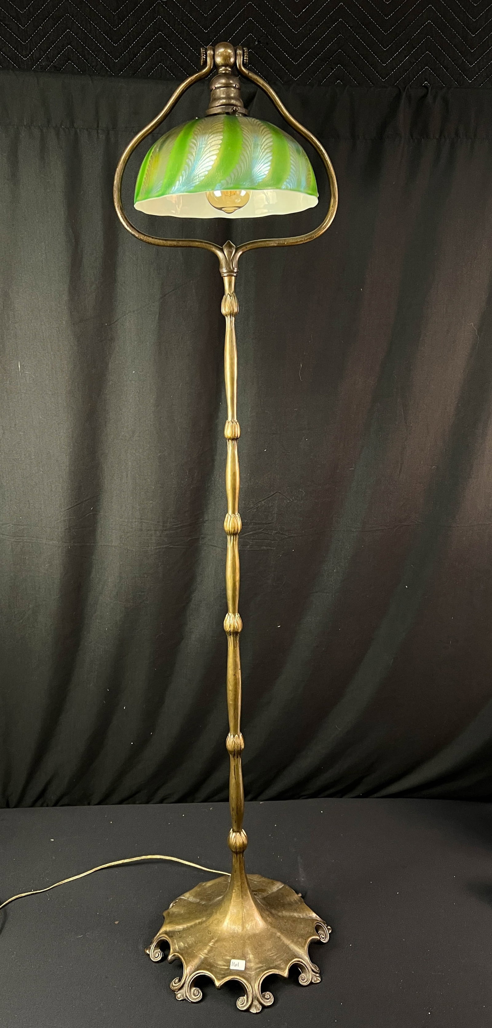 Rare Tiffany Studios Signed #425 Gilt Bronze Dore Bell Floor Lamp and Favrille Shade c.1910: An Authentic rare Tiffany Studios #425 signed gilt bronze Dore Bell floor lamp and original Tiffany Pulled Feather shade c. 1910. The iridescent green and gold hued pulled feather shade is signed L.C.