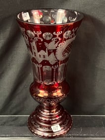 Acadia Bohemian Ruby Glass  Ruby Cut to Clear Vase