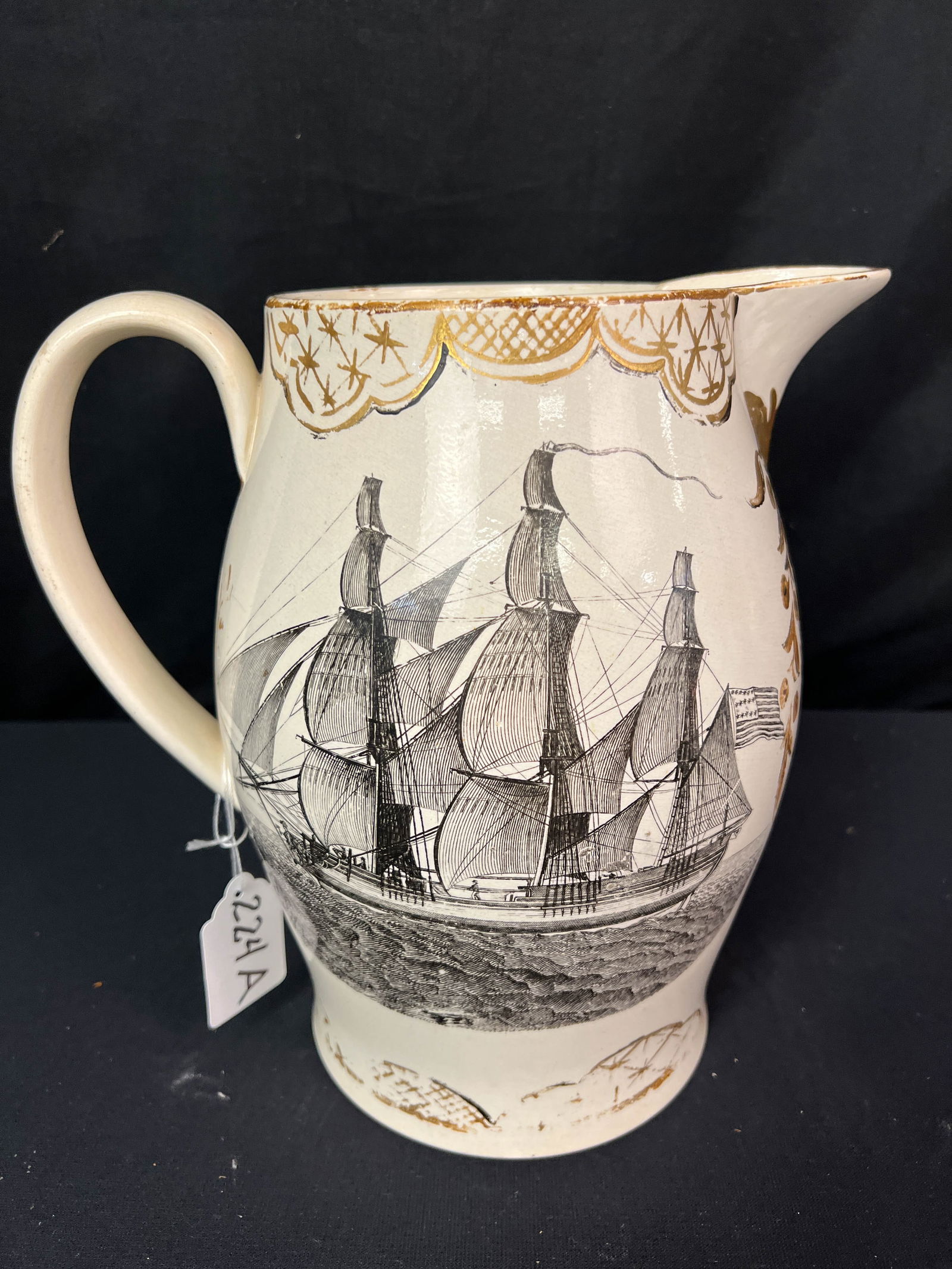 Rare Herculaneum Pottery Pitcher Of Important Size c.1800: This rare and unusual Liverpool creamware Herculaneum Pottery pitcher of Important size depicts a 3 masted American sailing ship with an early American flag on the front on the front, and on the rever