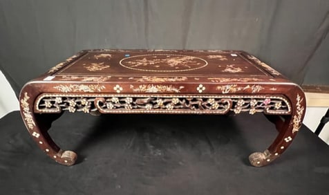 Vintage Rosewood Pierce Carved Mother of Pearl inlaid Tea Table