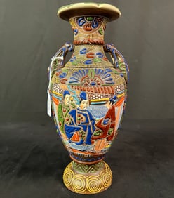 Antique Moriage Satsuma Double Handled  Earthenware Vase