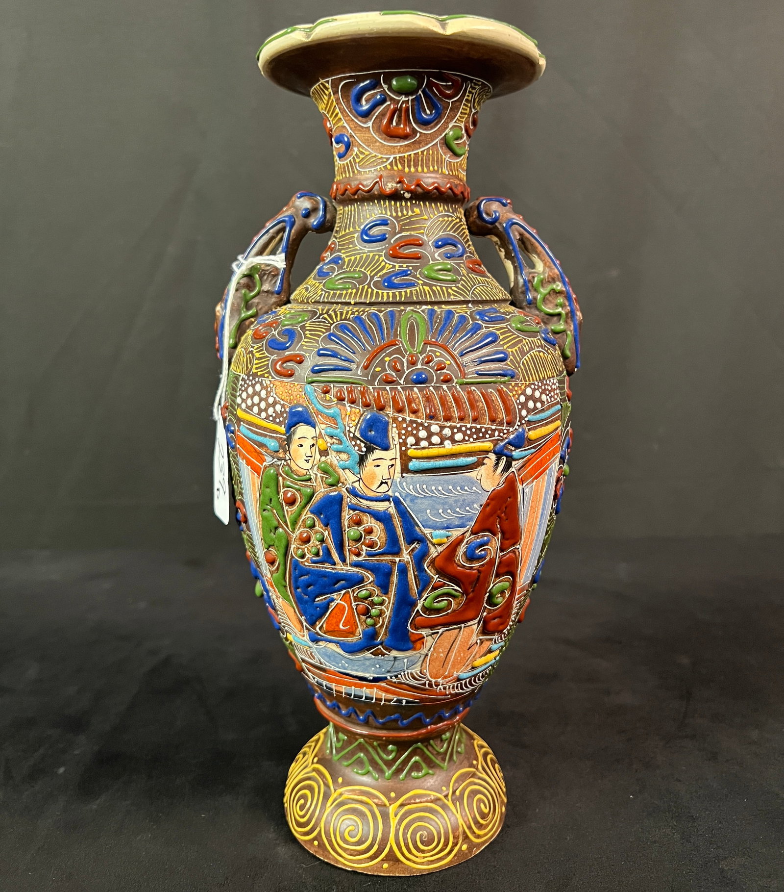 Antique Moriage Satsuma Double Handled Earthenware Vase: An antique Japanese Morige Satsuma earthenware as that features double handles, scalloped rim, and Imperial Figures in excellent condition. It measures 12: tall X 6" across.;