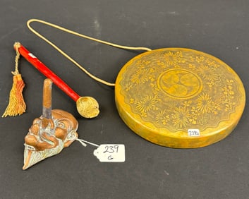 19th Century Bronze Tengu Mask and Brass Gong