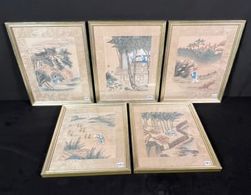 5 Quing Dynasty Quality Framed Japanese original Paintings on Silk
