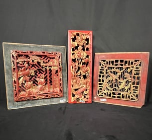 3 Carved Chinese Red Lacquered Panels