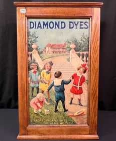 Antique Diamond Dyes Oak Double Door Cabinet With Tin Lithograph
