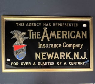 Antique Reverse Painted Advertising Sign for American Insurance Company