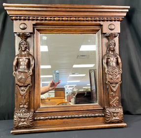 18th Century Full Figural Carved Oak Mirror