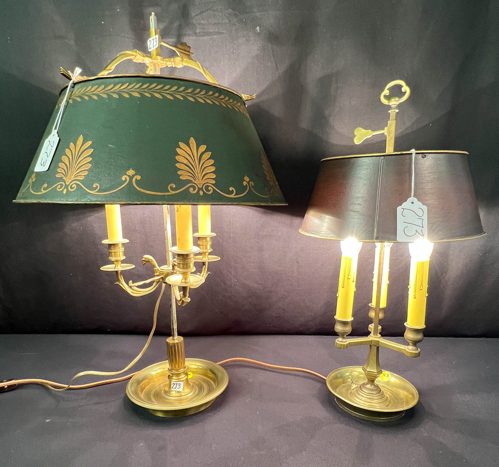 A Three Arm Brass Candle Lamp With Tole Shape and One Other: A 1920s brass three arm Federal style tole adjustable lamp. It is in excellent working condition. It measures 25" tall x 16" wide" and one other that measures 29" tall x 16" wide