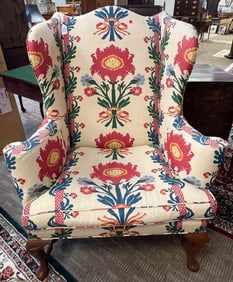 Queen Anne Wing Chair In Schumacher Upholstery