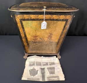 A Finely Hand Painted English Tin Coal Scuttle 1840s