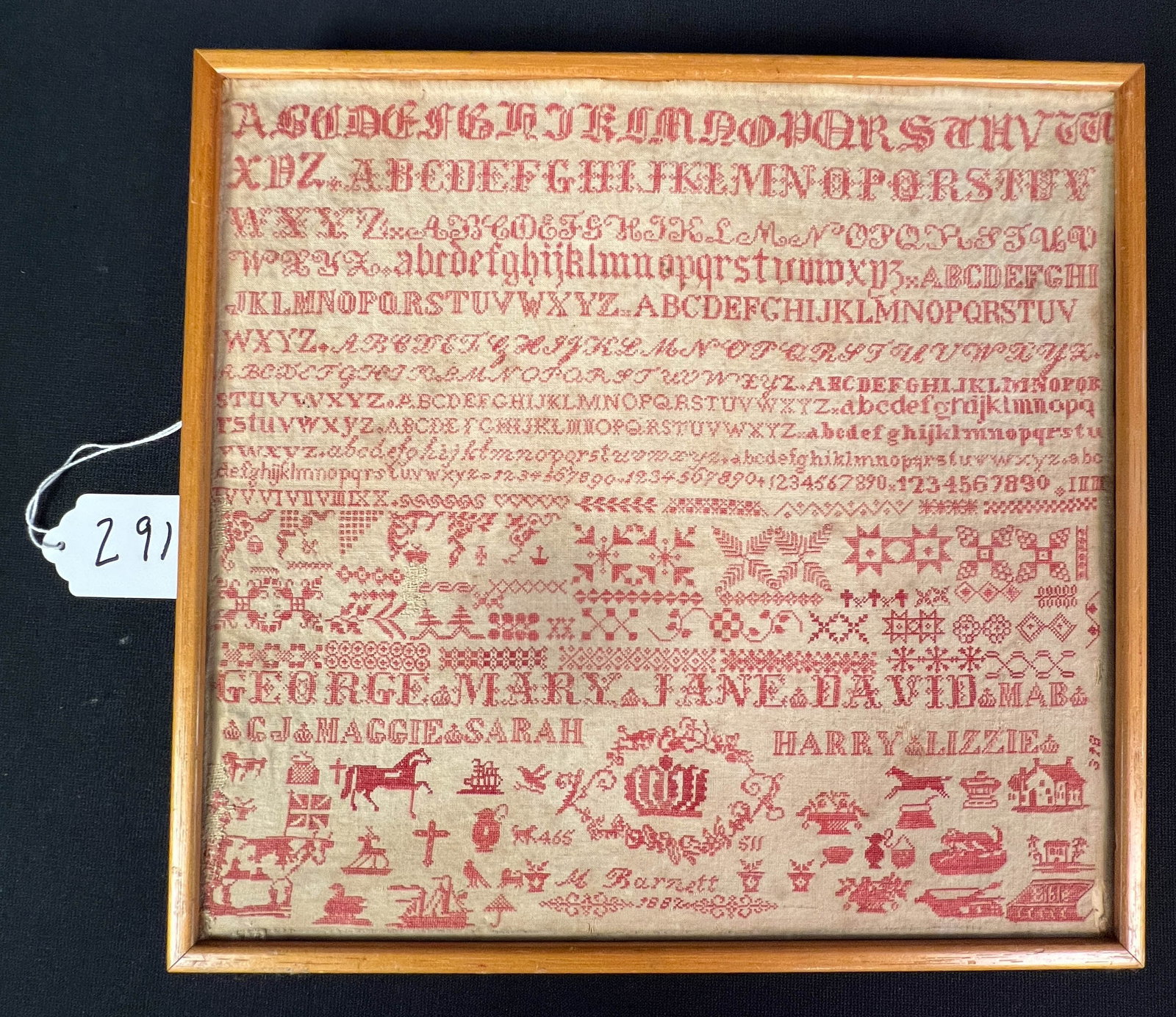 Authentic "Bristol" Orphanage Sampler C.1882: This authentic exceptional "Bristol Orphanage” sampler is signed M. Barnett and stitched in the traditional red thread. It is signed M. Barnett and dated 1882. It features different alphabetical