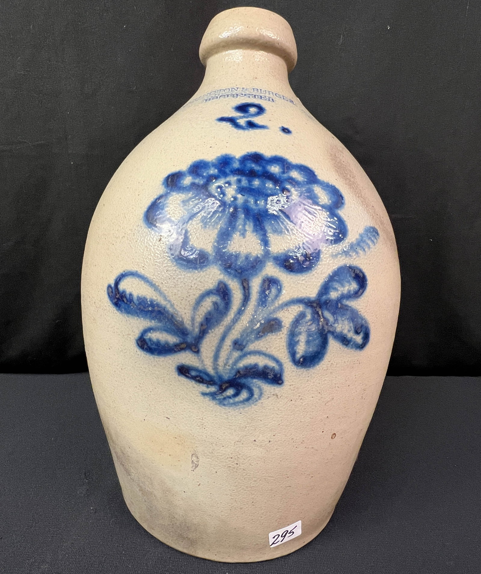 Harrington & Burger Rochester OG Stoneware Jug Decorated: One of the nicest cobalt flora jugs that we have handled, this cobalt decoration is very detailed. The jug is excellent condition. This Harrington & Burger Rochester jug measures 14" tall and the bott