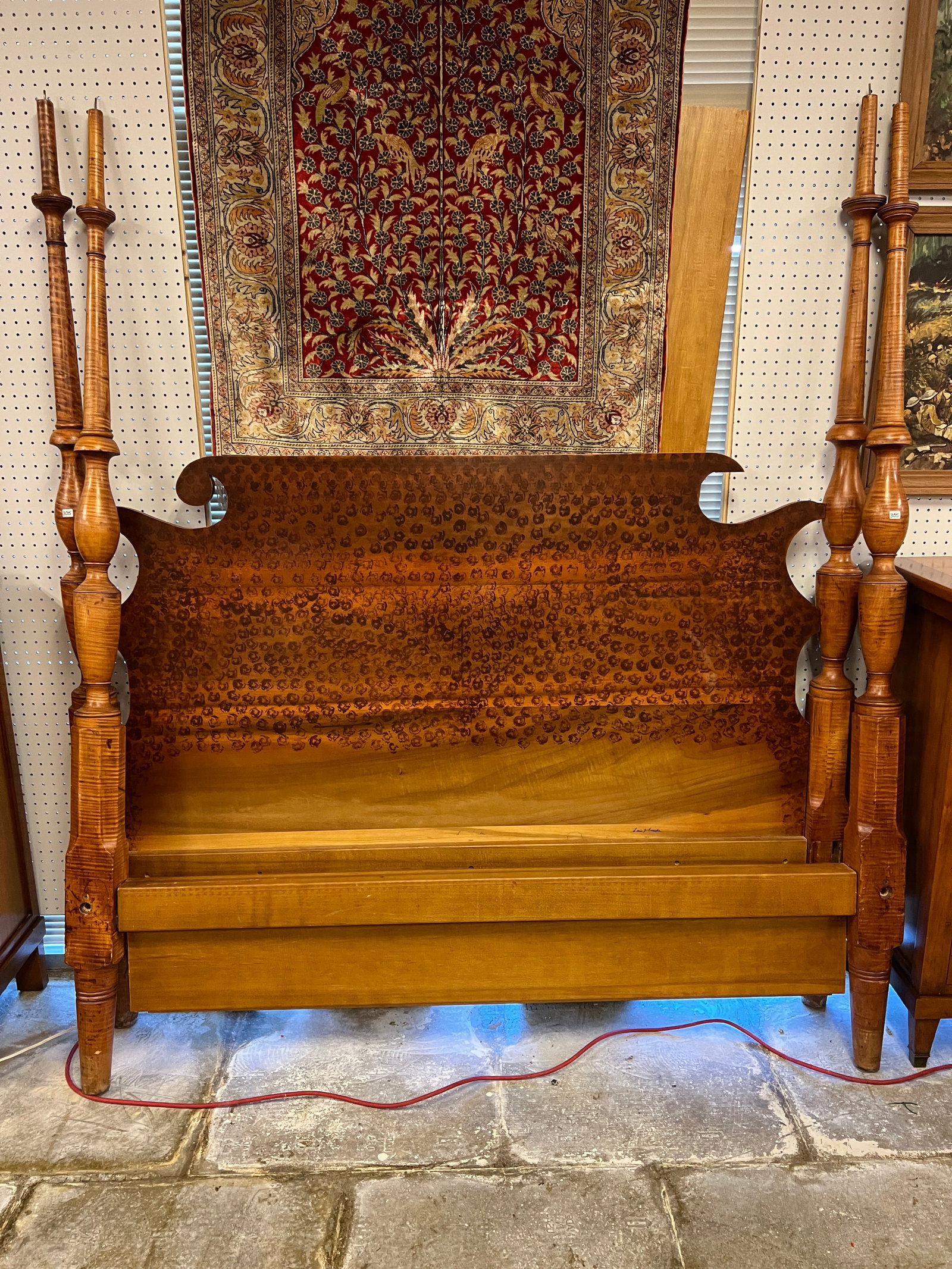 A Folk Art Tiger Maple Poster Bed Queen Size, Custom, Artist Signed: A folk art queen size tiger maple poster bed with new and old parts mixed. The post are antique tiger maple and a later head board and frame. It comes with a clean mattress and box spring. It measures