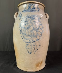 An 1854 Stoneware Four Gallon Butter Churn With Cobalt Grape Decoration