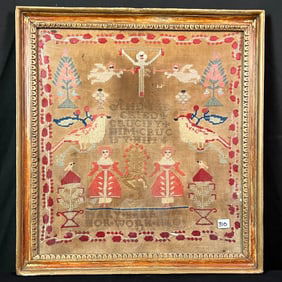 American Folk Art Religious Theme Sampler C.1850