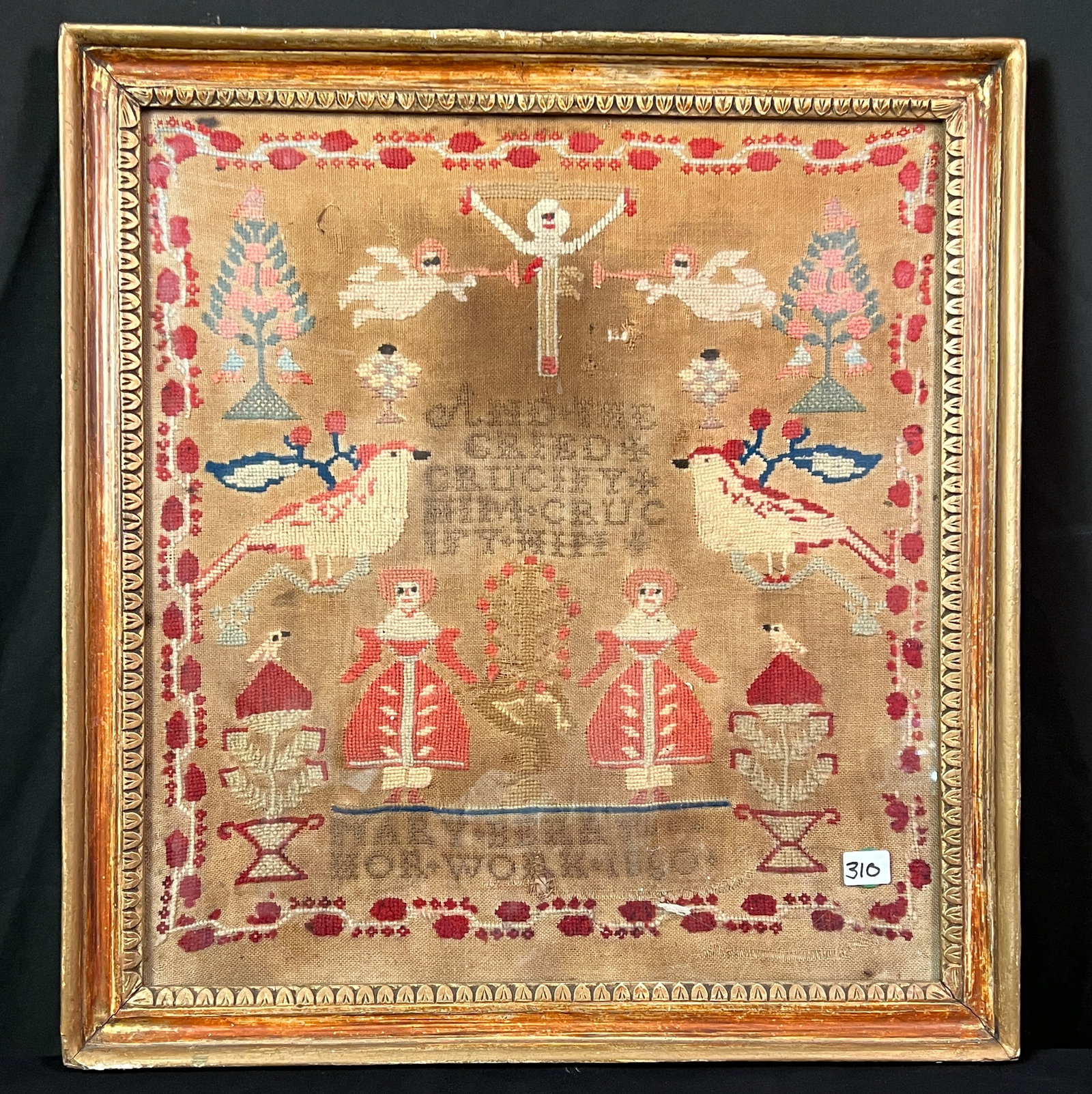 American Folk Art Religious Theme Sampler C.1850: This American folk art sampler with religious themes C.1850 is signed Mary Berry. This unusual sampler includes large birds, a floral border, tree of knowledge with serpent, heralding angels with trum