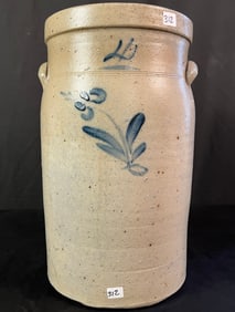 A Stoneware Four Gallon Cobalt Decorated Butter Churn