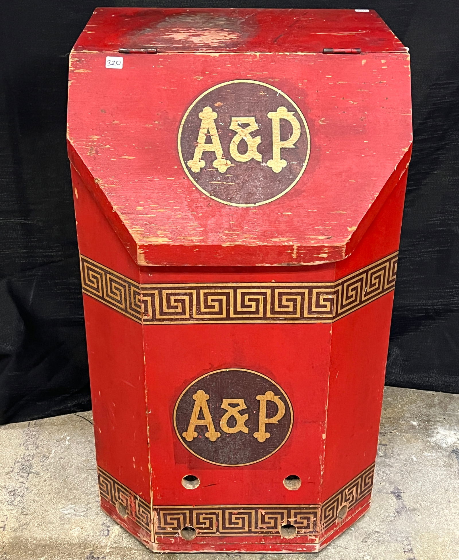 A Turn of the Century A&P Advertising Coffee Bin: A turn of the century A&P wood lift top coffee bin c.1890/1900. It was manufactured for the A&P company. It has its original paint and stenciling. This wonderful advertising lift top storage bin has s